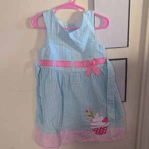 Blue and Pink Gingham Dress with Cupcake Design